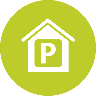 Icon mit einem Haus mit "P" in der Mitte, steht für Parkhäuser.