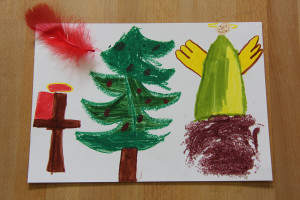 Gemaltes Bild eines Kindes mit einem Weihnachtsbaum.