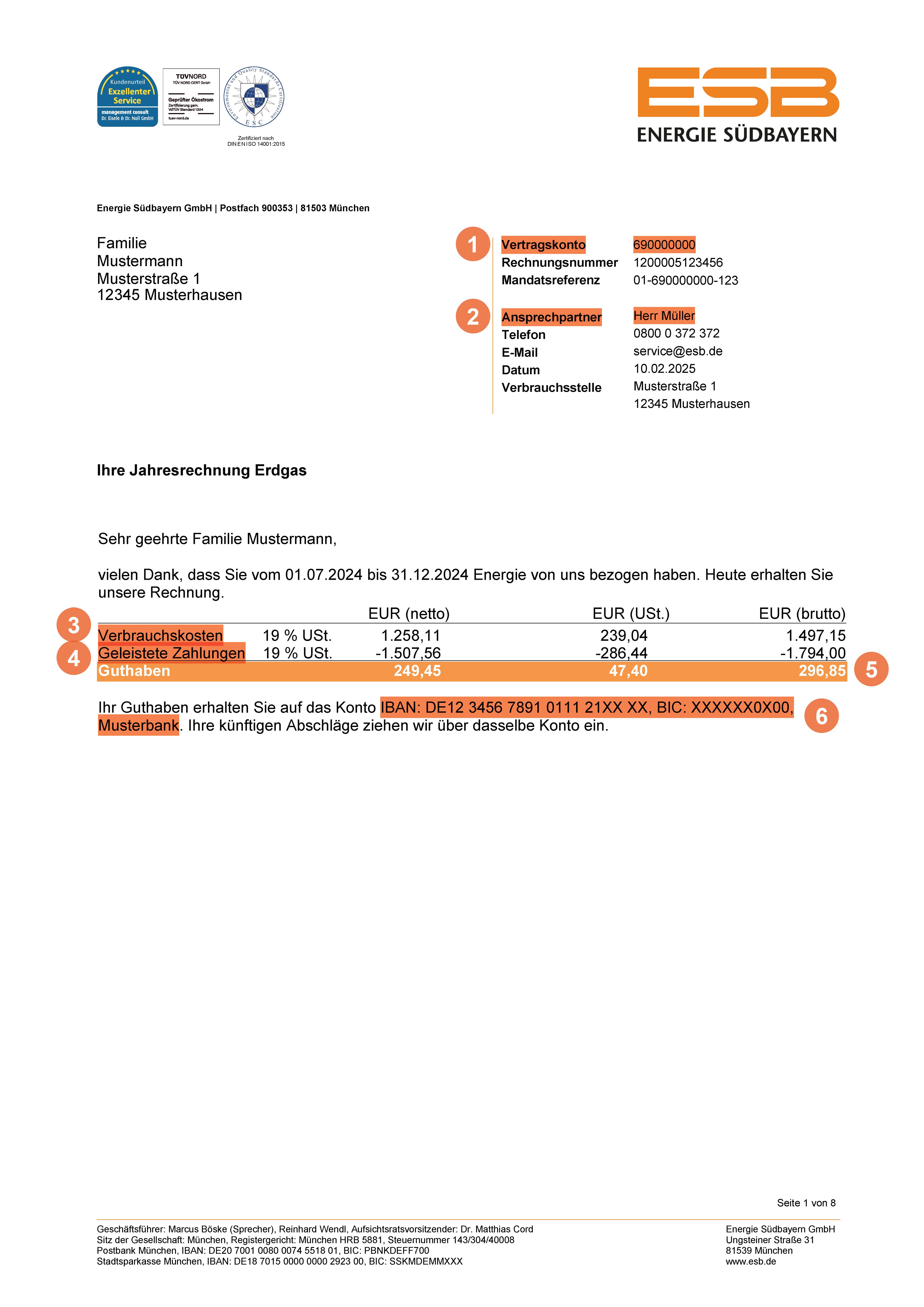 Rechnungserläuterung zu Seite 1 der Erdgas Jahresabrechnung.