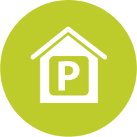 Icon mit einem Haus mit "P" in der Mitte, steht für Parkhäuser.