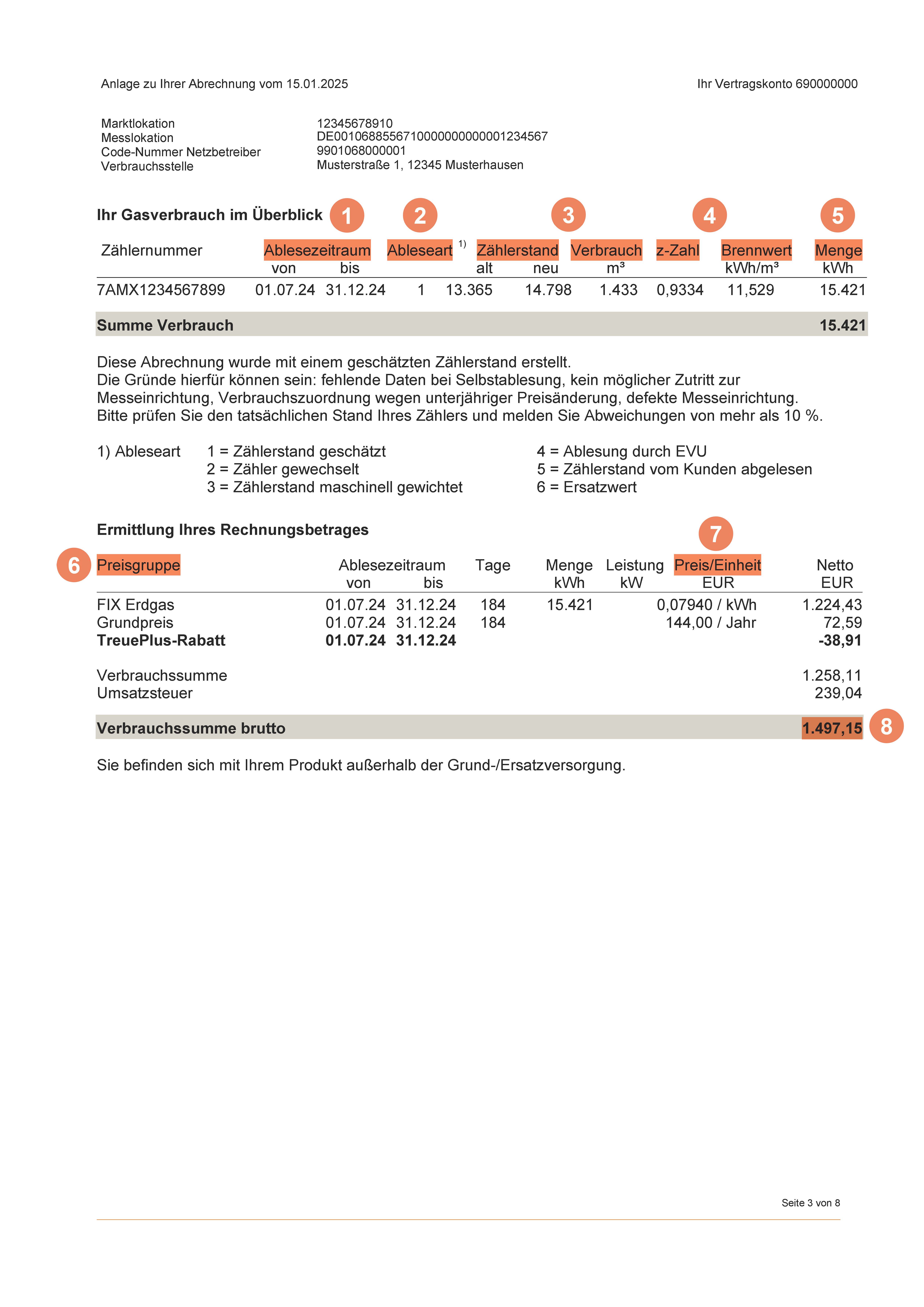 Rechnungserläuterung zu Seite 3 der Erdgas Jahresabrechnung.
