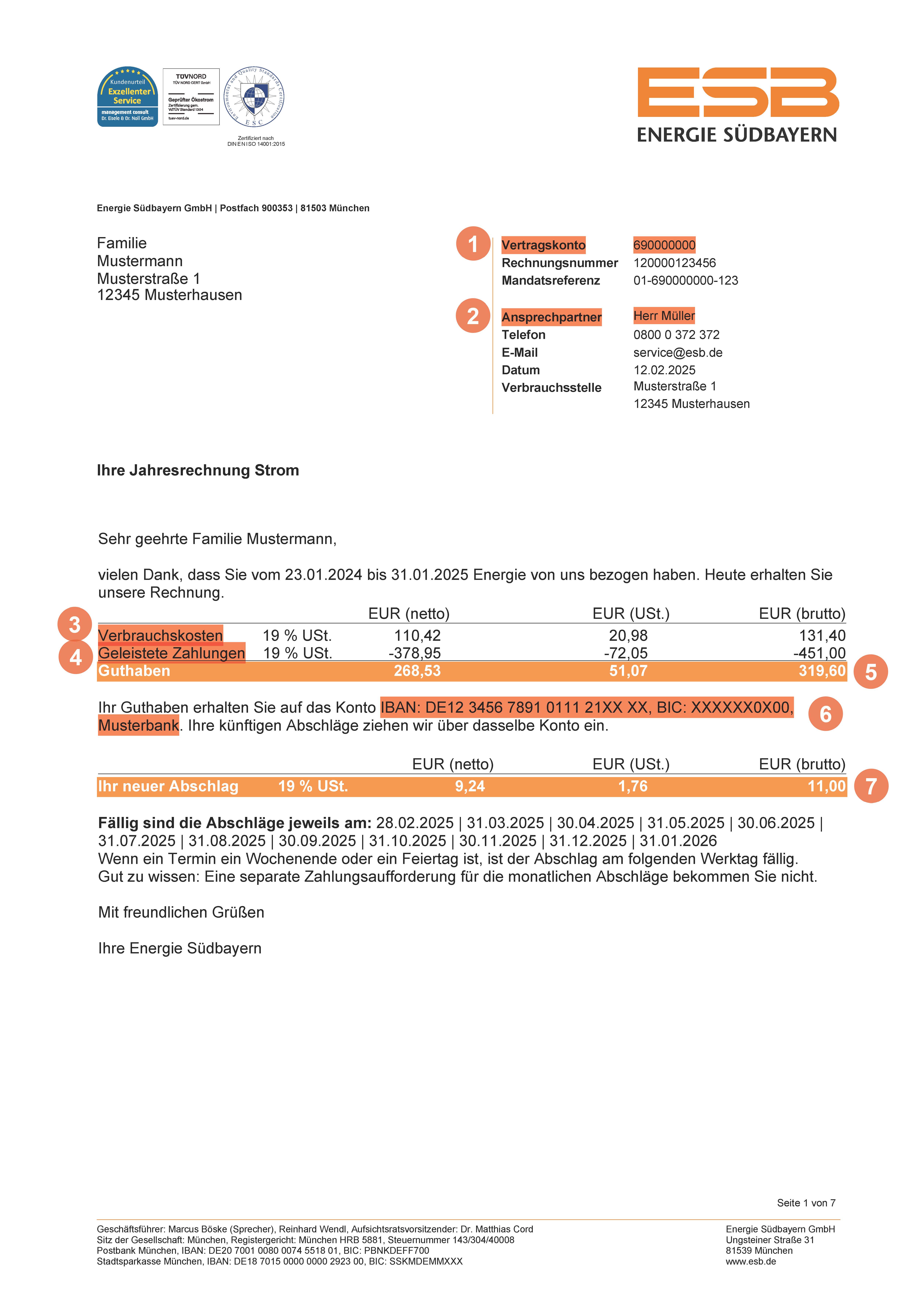 Rechnungserläuterung zu Seite 1 der Jahresabrechnung Ökostrom.