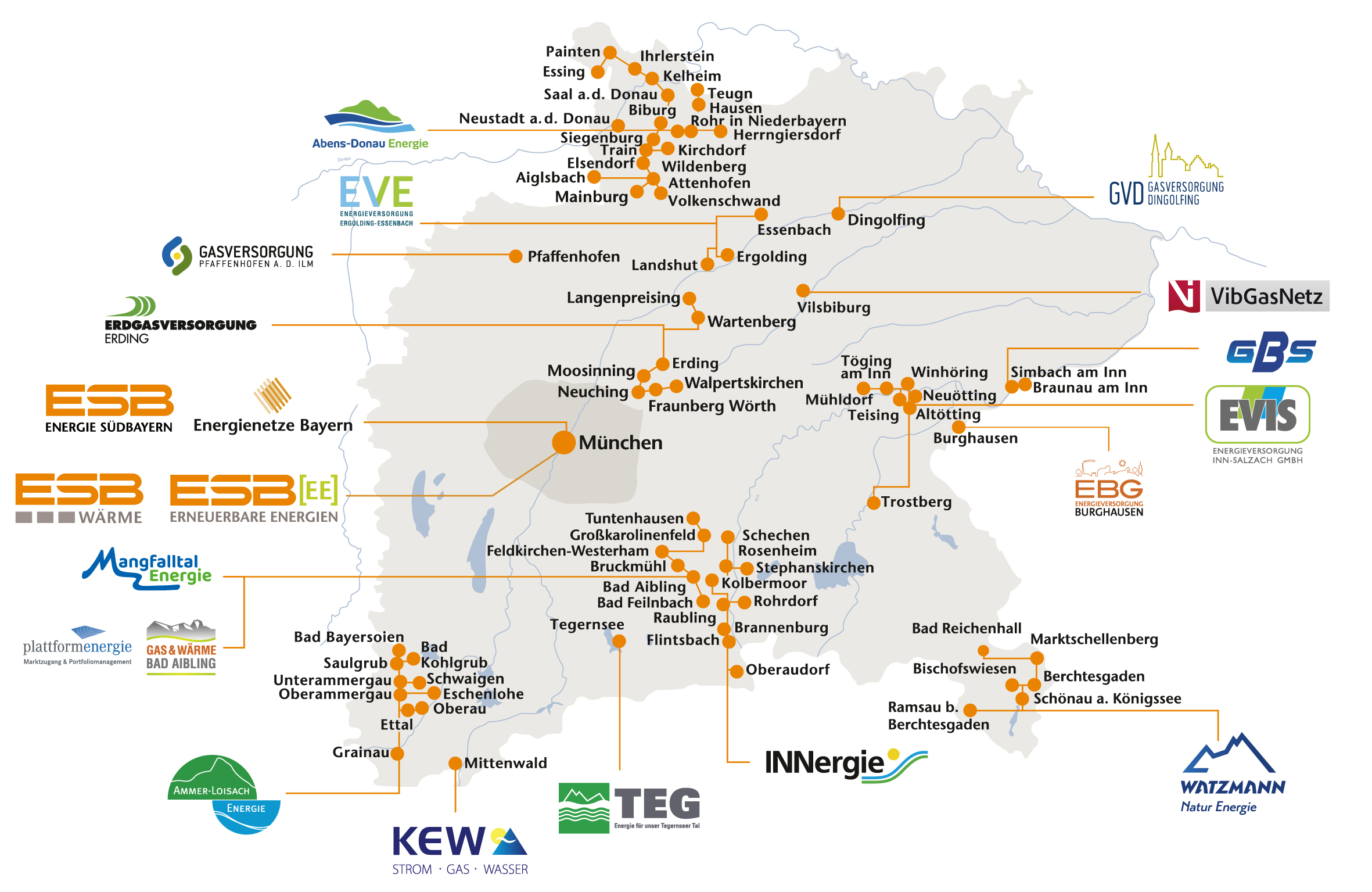 Karte mit den kommunalen Partnerschaften der ESB.