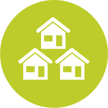 Icon mit drei Häusern, steht für ein Wohngebiet.