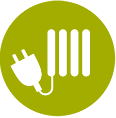 Icon mit einem Stecker, der aus einer Heizung kommt. Steht für Wärmestrom.