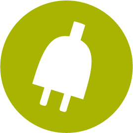Icon mit Stecker und Blatt, steht für Ökostrom.