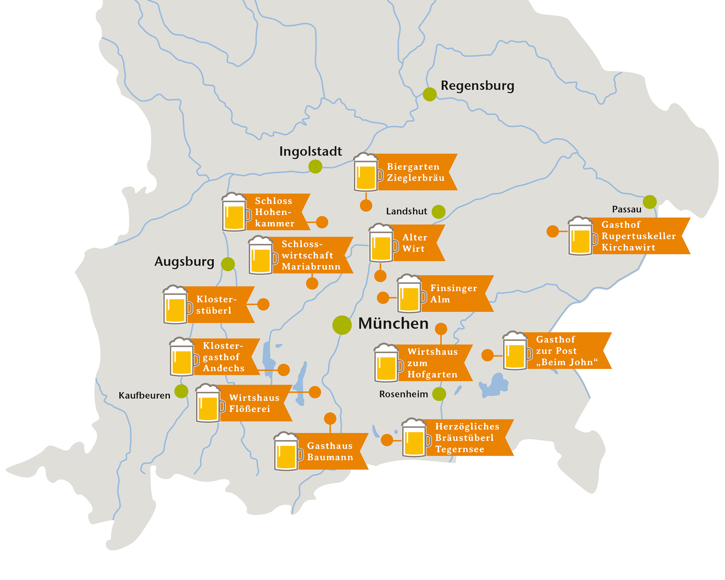 Karte mit Biergartenempfehlungen in Ober- und Niederbayern.