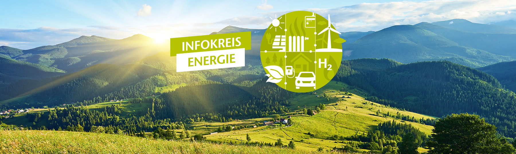 Berglandschaft bei Sonnenschein mit Text und Icon für "Infokreis Energie"