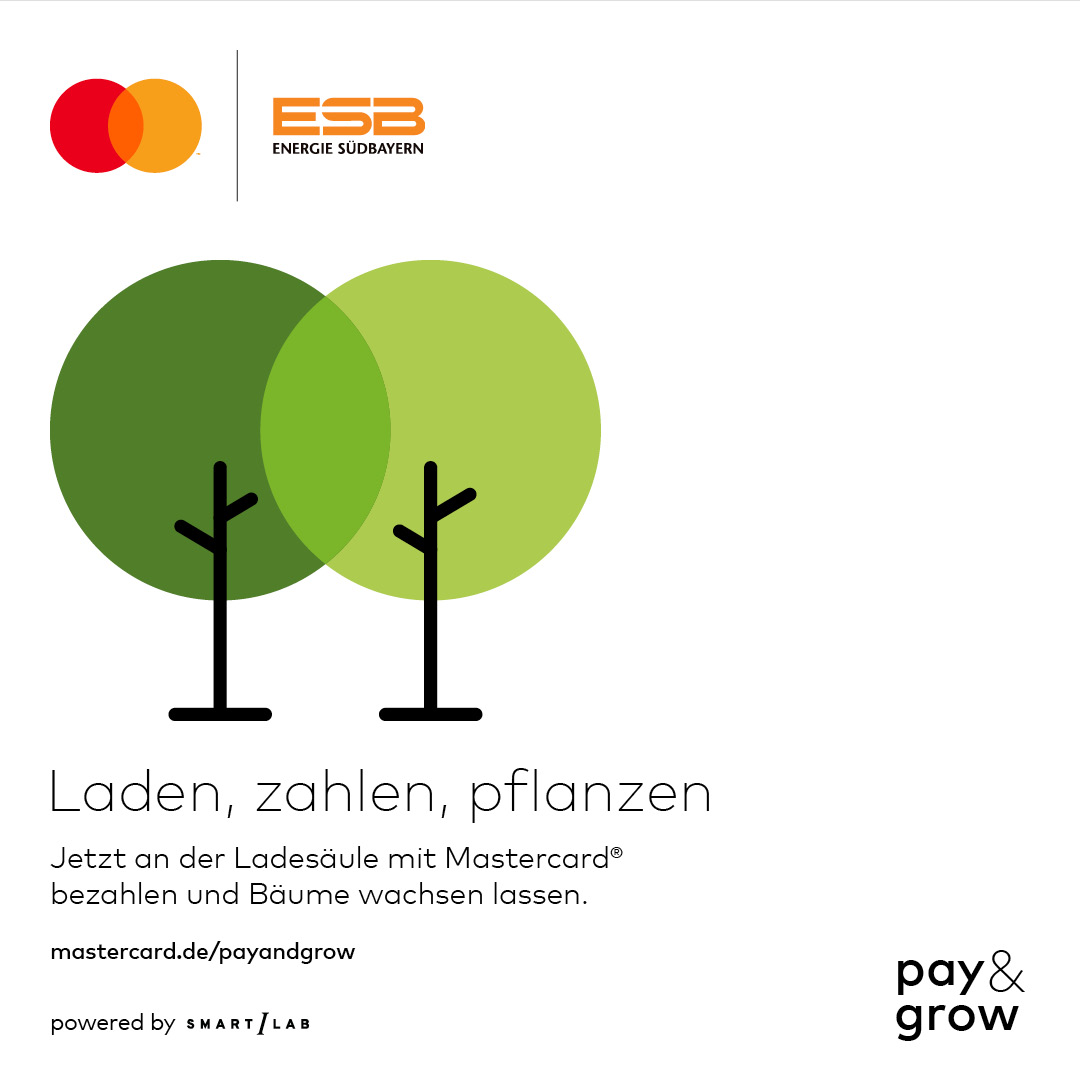 Grafik mit Bäumen, darüber die Logos von Mastercard und ESB.