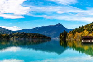Ein See, umrahmt von Baumen mit einem Berg im Hintergrund.